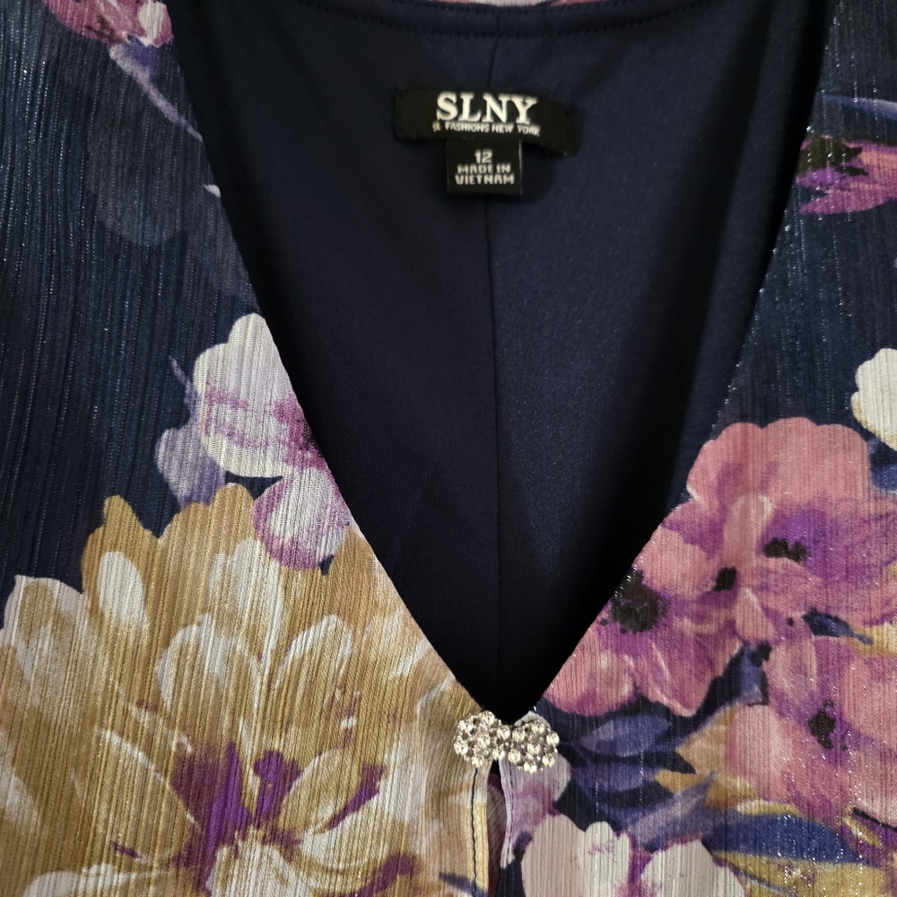 SLNY Navy and Pink Floral Midi Dress NWT - Picture 3 of 6